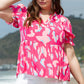 Plus Size Ruffled Printed Notched Short Sleeve Blouse