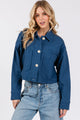 bytos Button Down Cropped Denim Jacket with Patch Pockets Peacock Blue