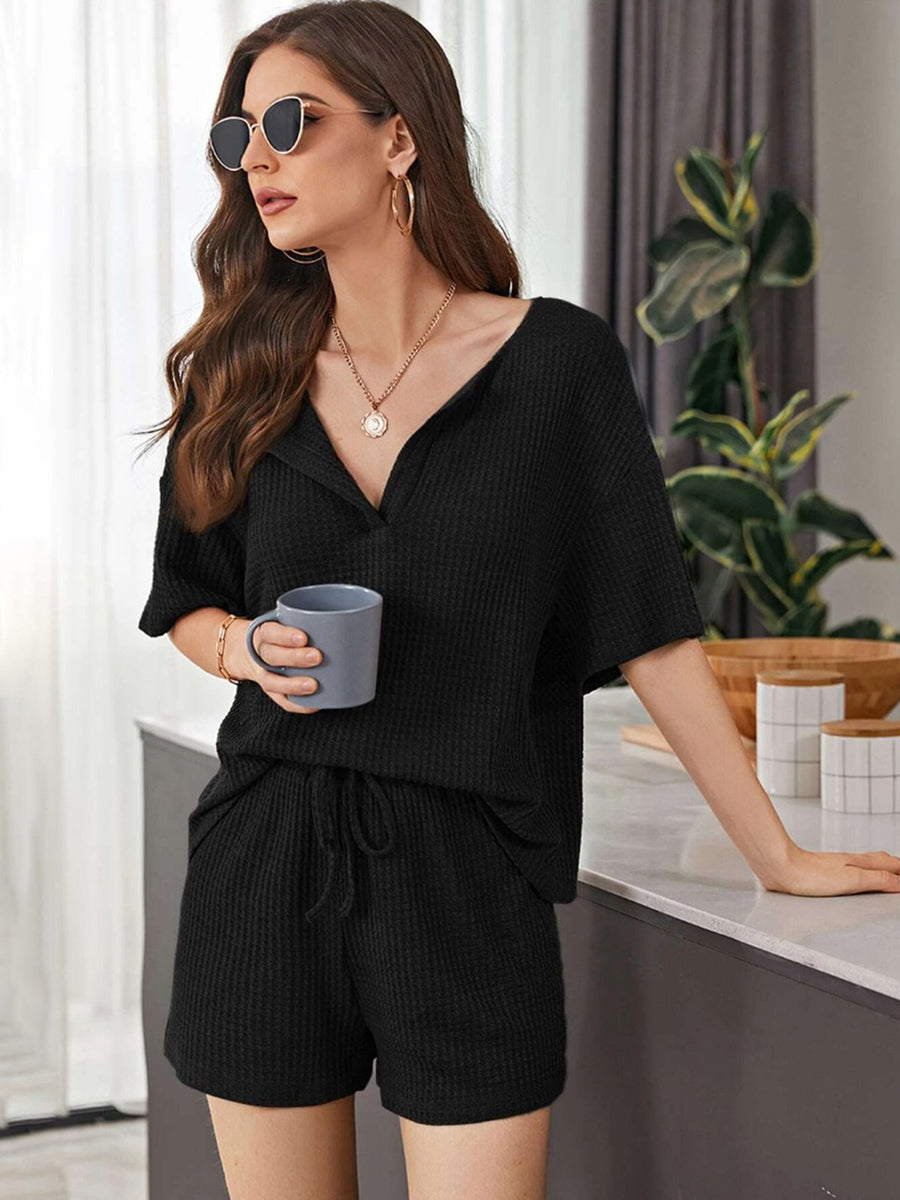 Full Size Waffle-Knit Dropped Shoulder Top and Shorts Set Black