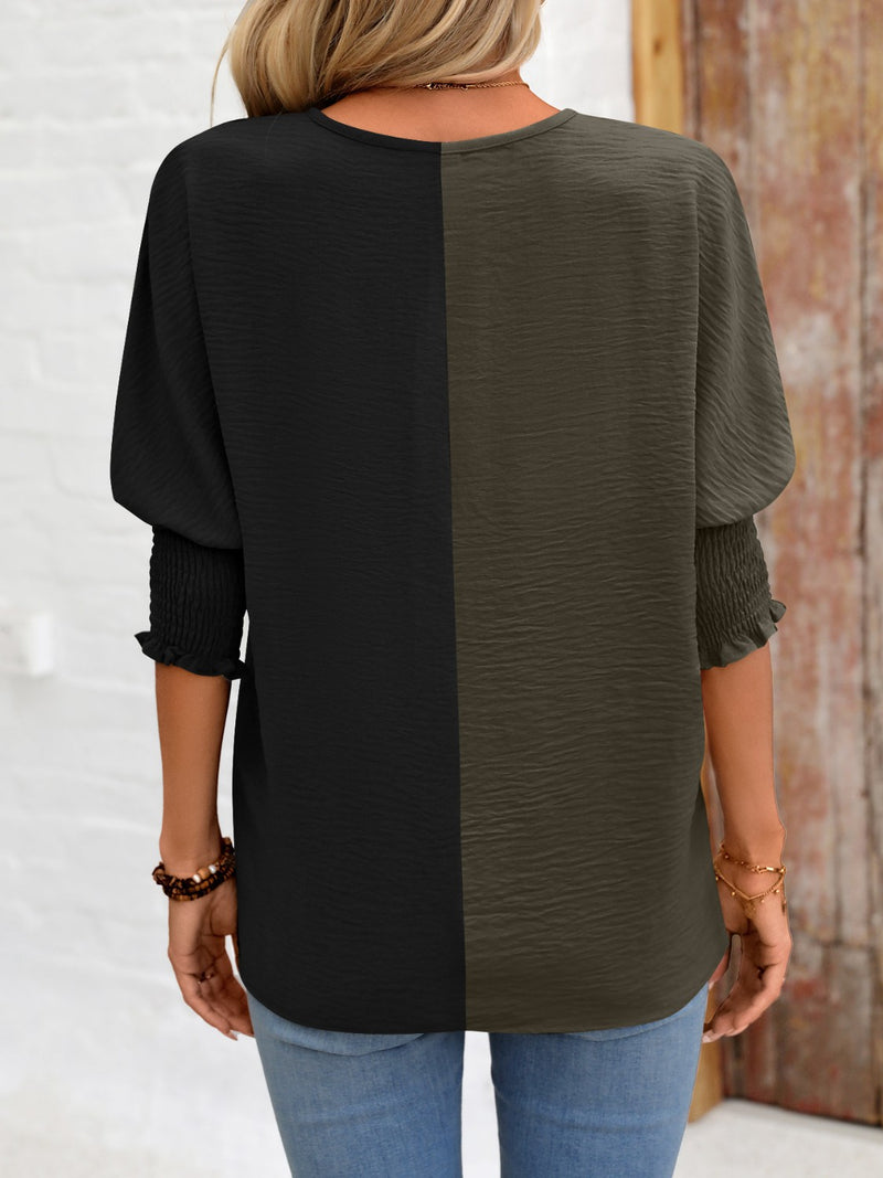 Contrast V-Neck Lantern Sleeve Blouse