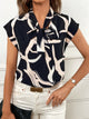 Printed Tie Neck Cap Sleeve Blouse Black