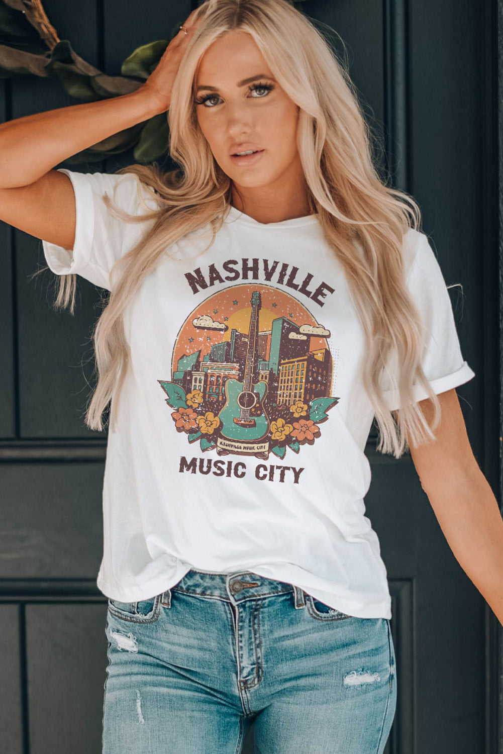 NASHVILLE MUSIC CITY Graphic Round Neck Tee White