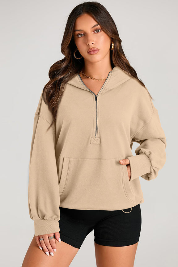 Pocketed Half Zip Long Sleeve Hoodie Dust Storm