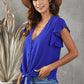 V-Neck Tie Hem Flutter Sleeve Blouse