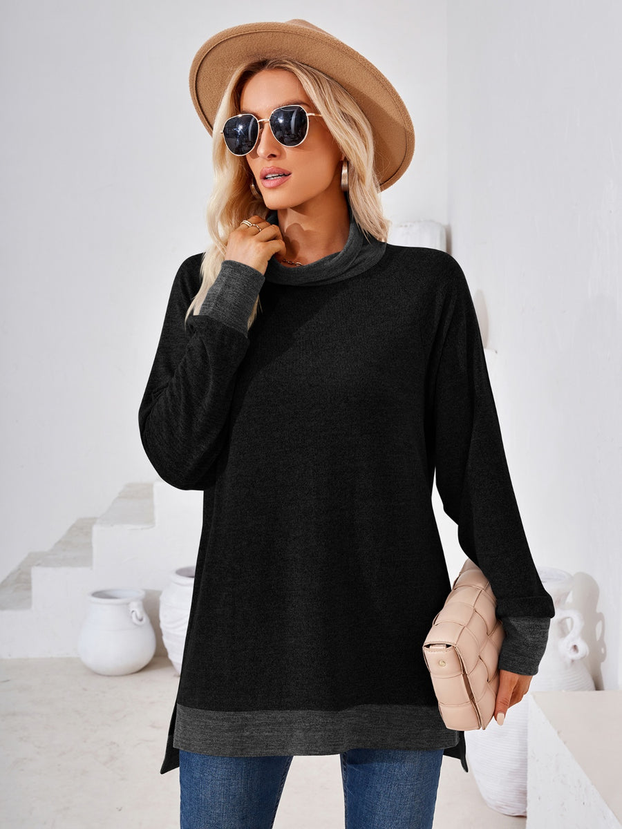 Contrast Mock Neck Long Sleeve T-Shirt