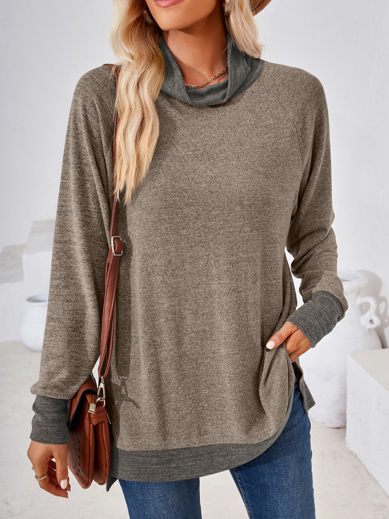 Contrast Mock Neck Long Sleeve T-Shirt Taupe