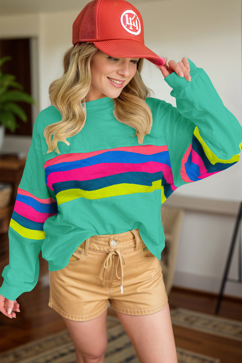 Contrast Round Neck Long Sleeve Top Turquoise