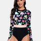 Flower Round Neck Long Sleeve One-Piece Swimwear