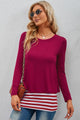 Full Size Striped Faux Layered Long Sleeve Top Wine