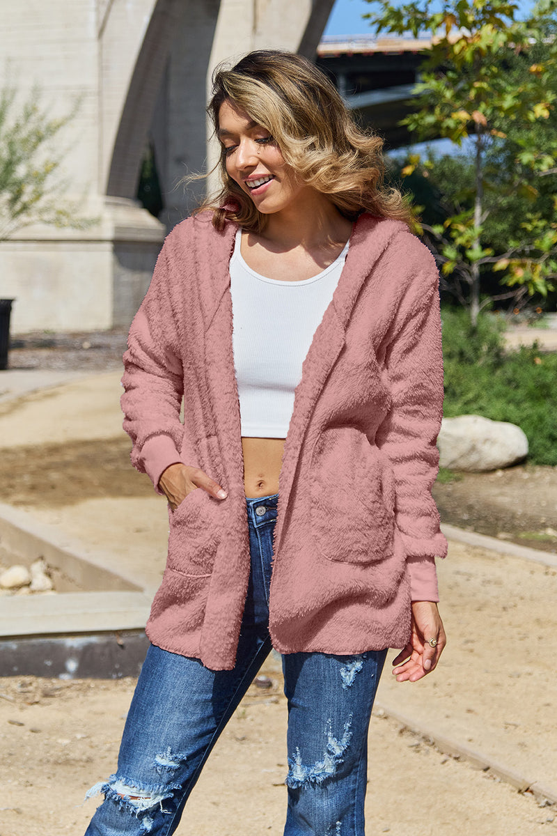 Full Size Teddy Hooded Jacket with Pockets Dusty Pink