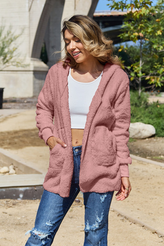 Full Size Teddy Hooded Jacket with Pockets Dusty Pink