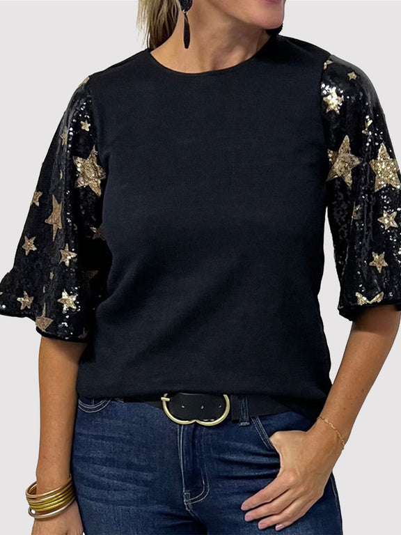 Sequin Round Neck Half Sleeve Blouse Black