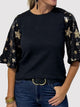 Sequin Round Neck Half Sleeve Blouse Black