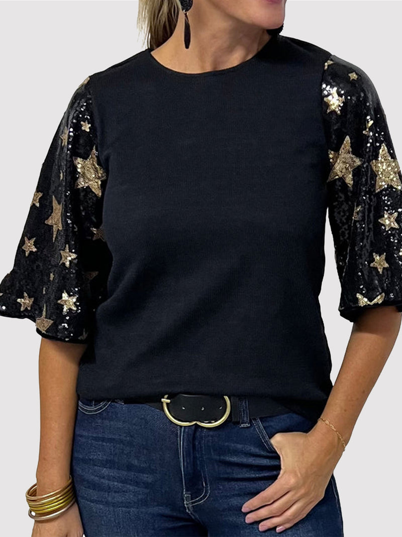 Sequin Round Neck Half Sleeve Blouse Black