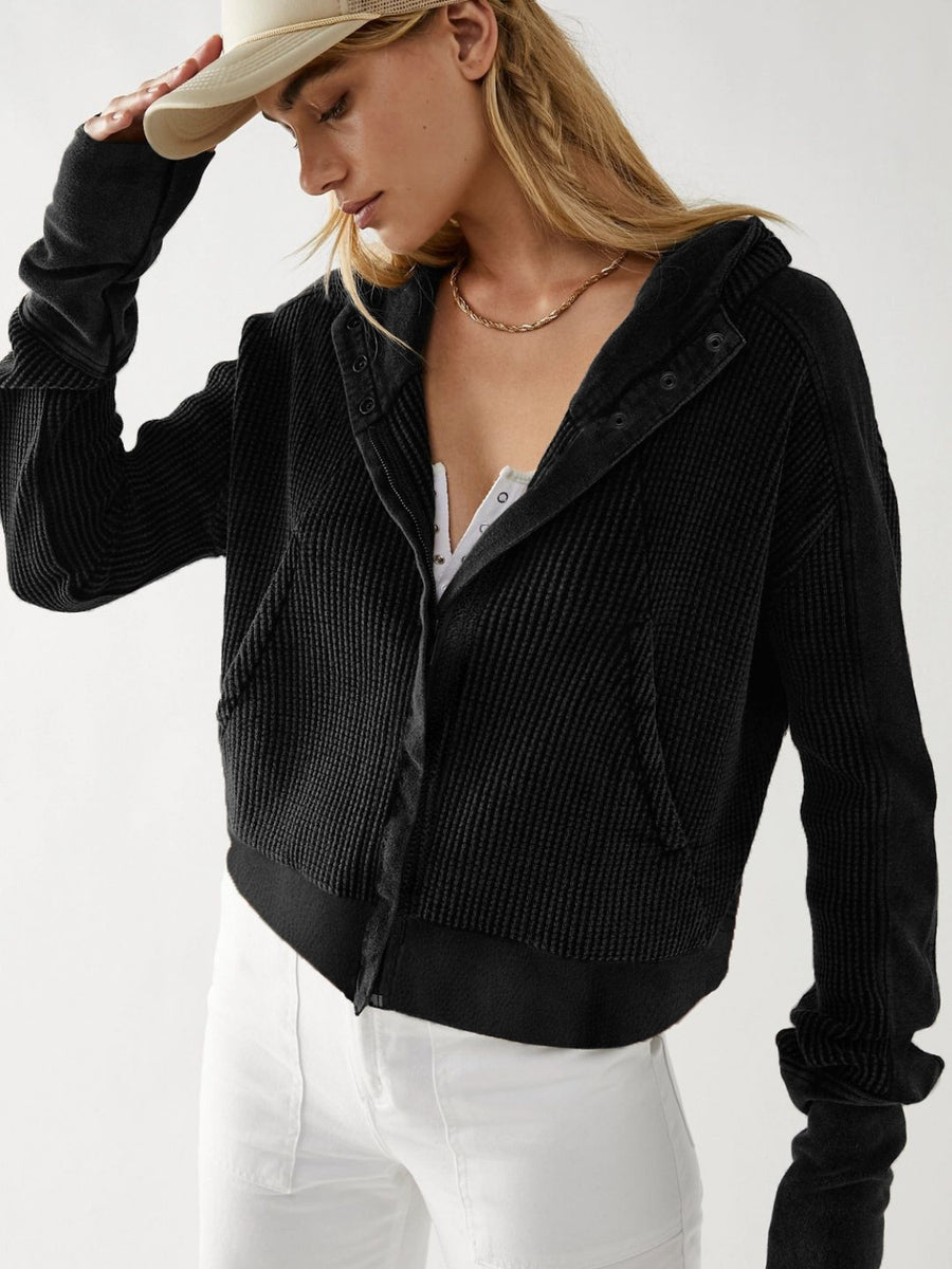 Waffle-Knit Dropped Shoulder Hooded Jacket Black