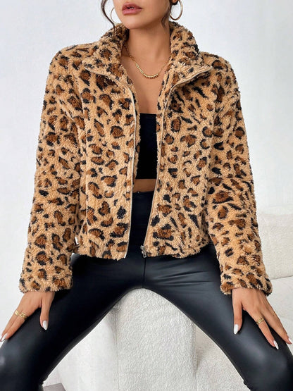 Fuzzy Turtleneck Leopard Zip Up Jacket Camel