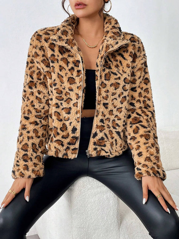 Fuzzy Turtleneck Leopard Zip Up Jacket Camel