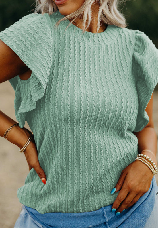 Textured Round Neck Flounce Sleeve Blouse Gum Leaf