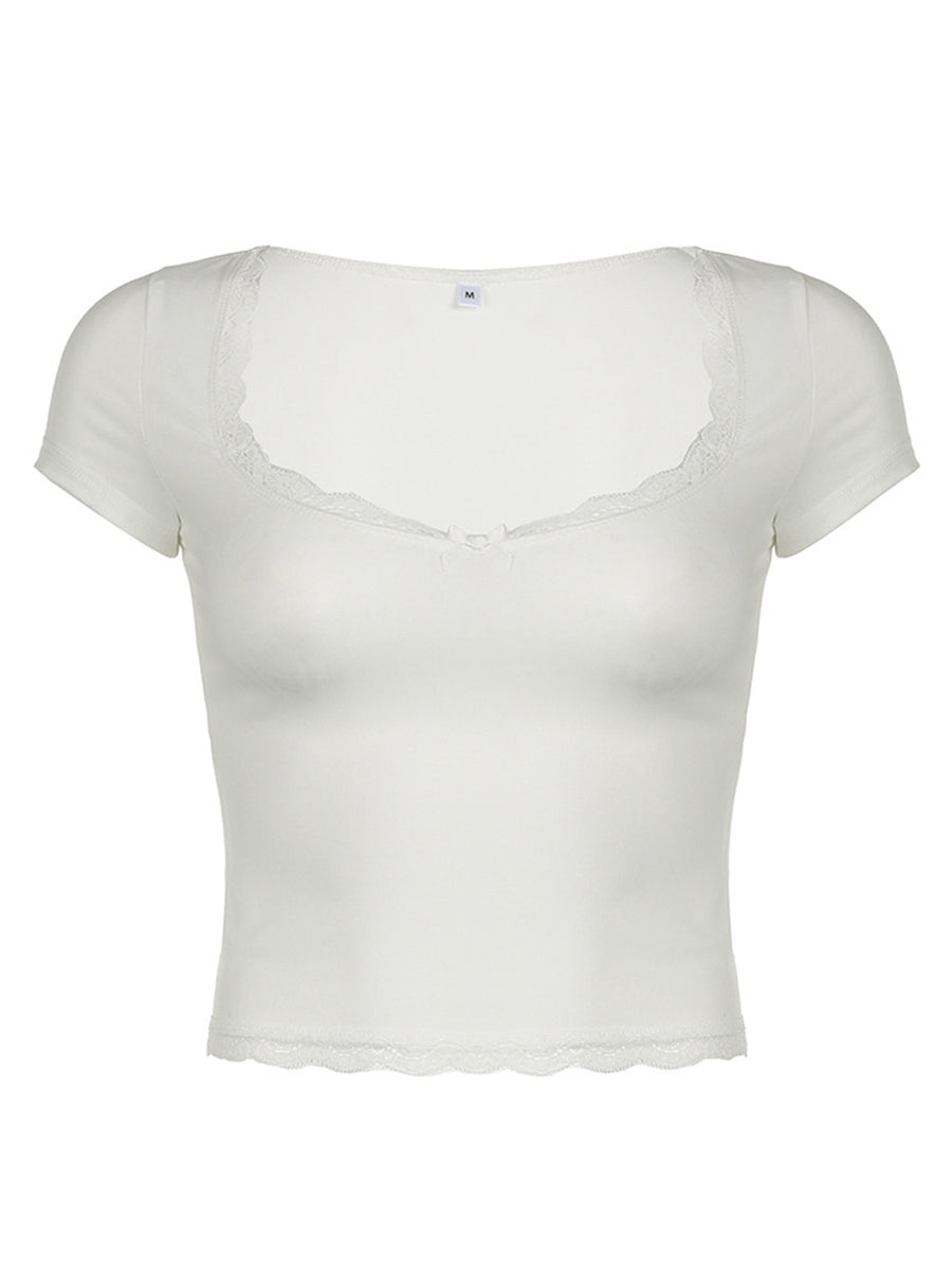 Lace Detail Sweetheart Neck Short Sleeve T-Shirt