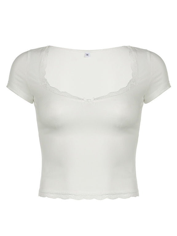 Lace Detail Sweetheart Neck Short Sleeve T-Shirt