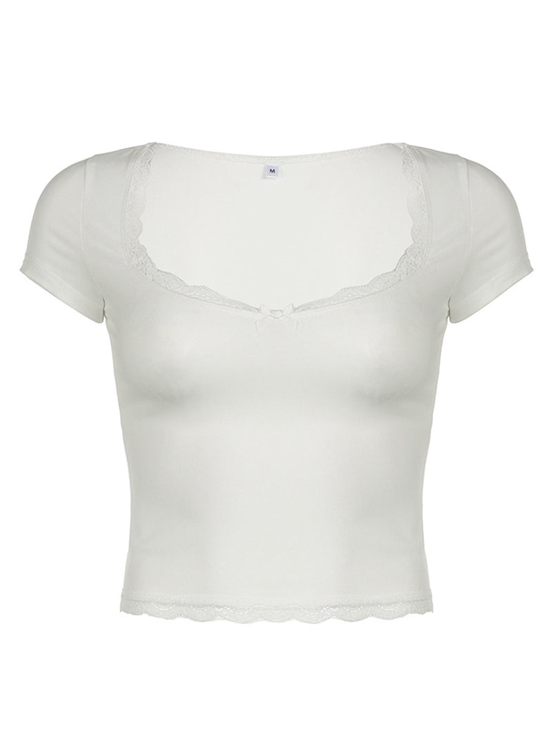 Lace Detail Sweetheart Neck Short Sleeve T-Shirt