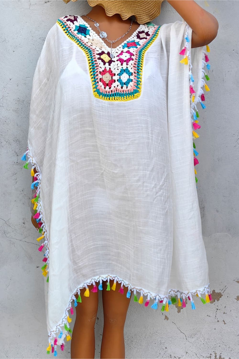 Tassel Detail Embroidery Dress White One Size