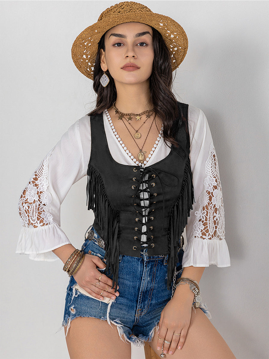 Fringe Lace-Up Vest Black