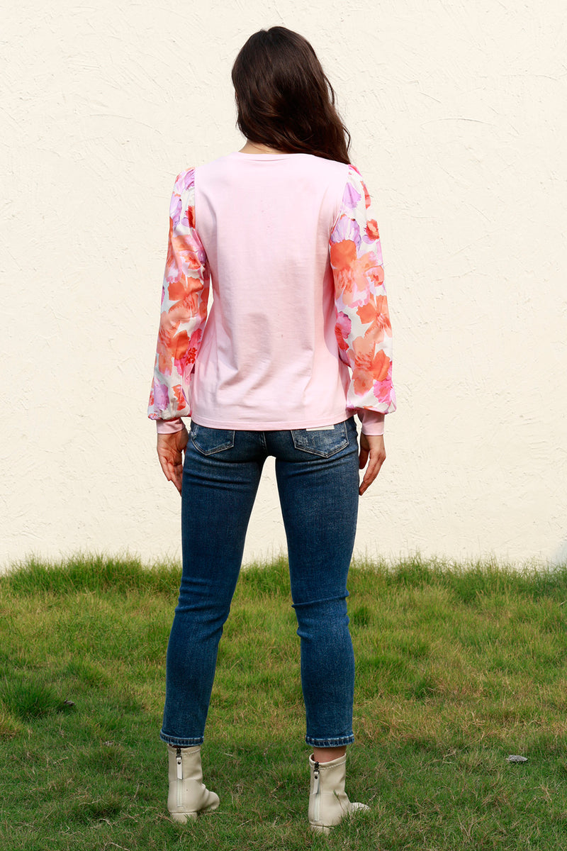 Floral Lantern Sleeve Round Neck Blouse