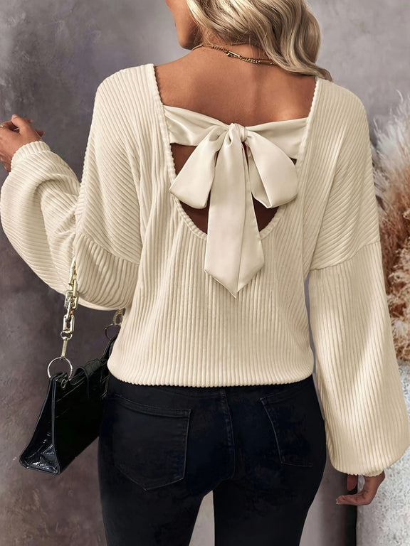 Bow Back V-Neck Drop Shoulder T-Shirt Beige