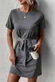 Decorative Button Tie-Waist Cuffed Sleeve Tee Dress Dark Gray