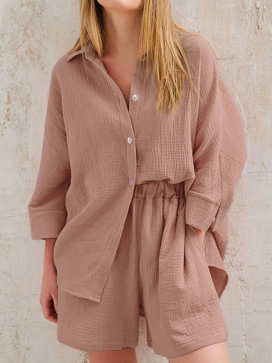 Texture Button Up Shirt and Shorts Set Mocha