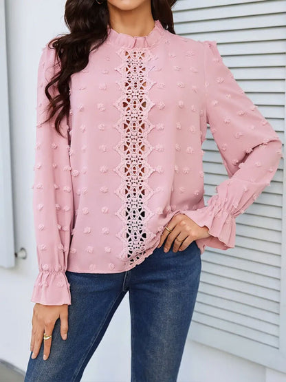 Swiss Dot Mock Neck Flounce Sleeve Blouse Blush Pink
