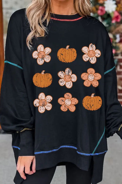Pumpkin & Flower Graphic Long Sleeve Sweatshirt Black