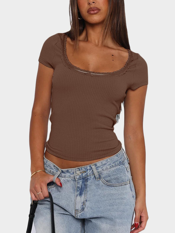Lace Detail Scoop Neck Short Sleeve T-Shirt Brown