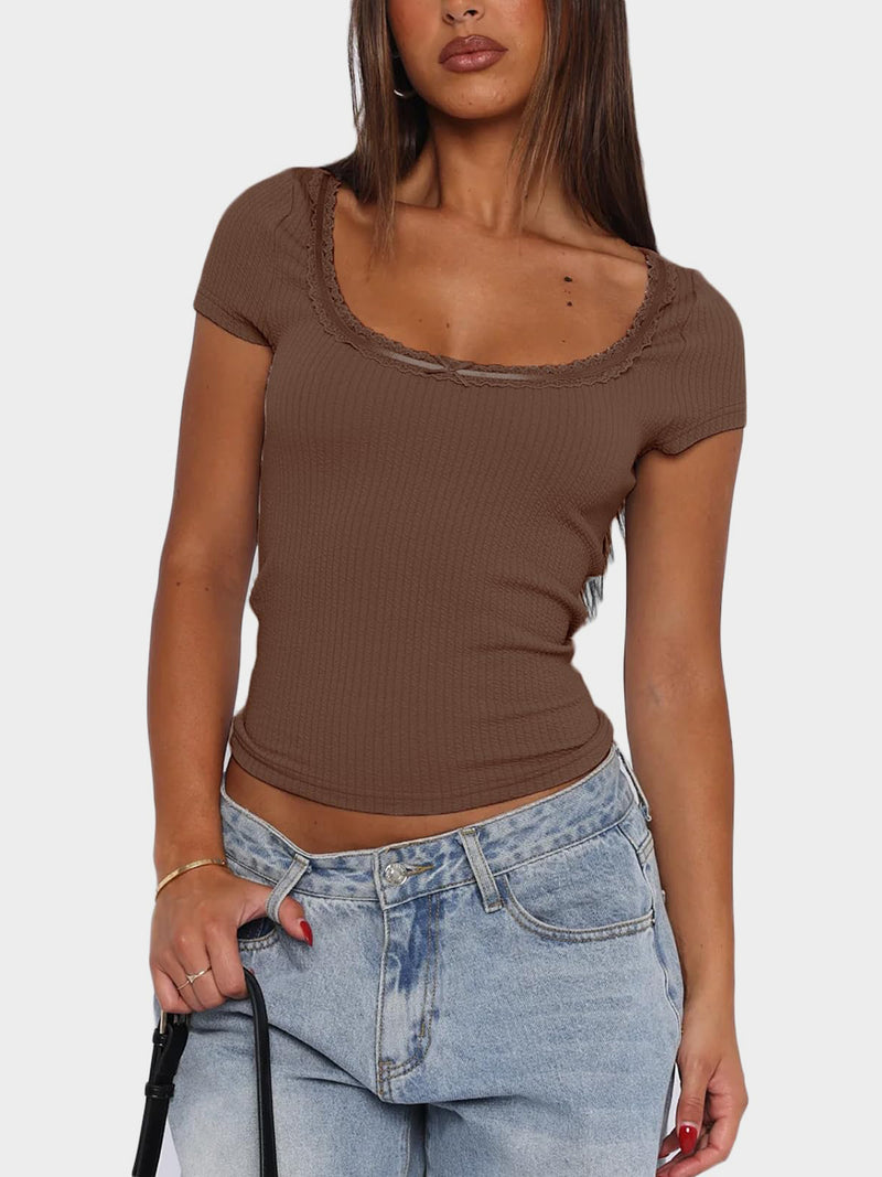 Lace Detail Scoop Neck Short Sleeve T-Shirt Brown