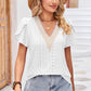 Eyelet V-Neck Petal Sleeve T-Shirt