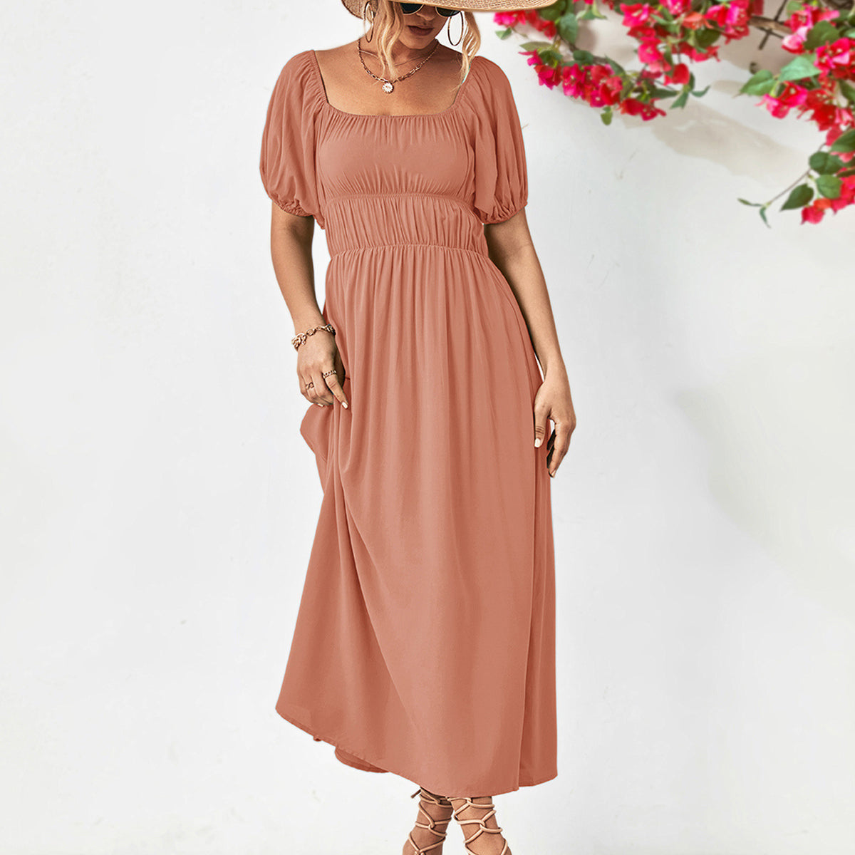 Off-Shoulder Balloon Sleeve Midi Dress