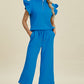 Double Take Full Size Texture Ruffle Short Sleeve Top and Wide Leg Pants Set