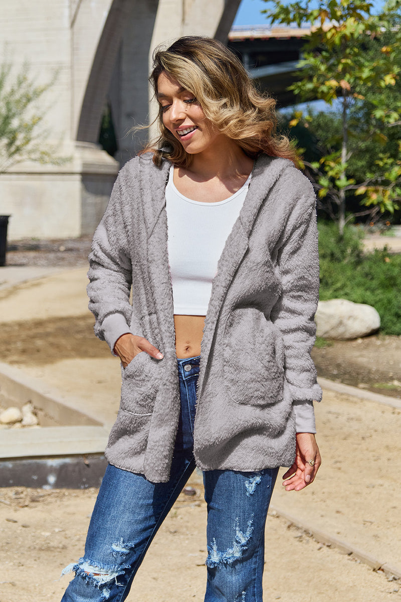 Full Size Teddy Hooded Jacket with Pockets Light Gray
