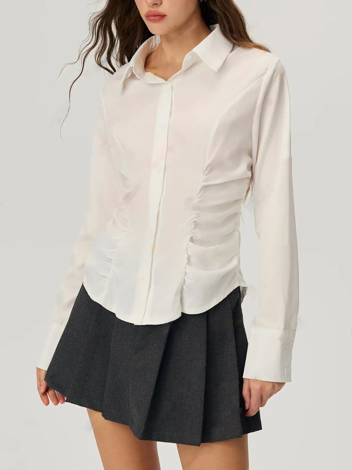 Ruched Button Down Long Sleeve Shirt White