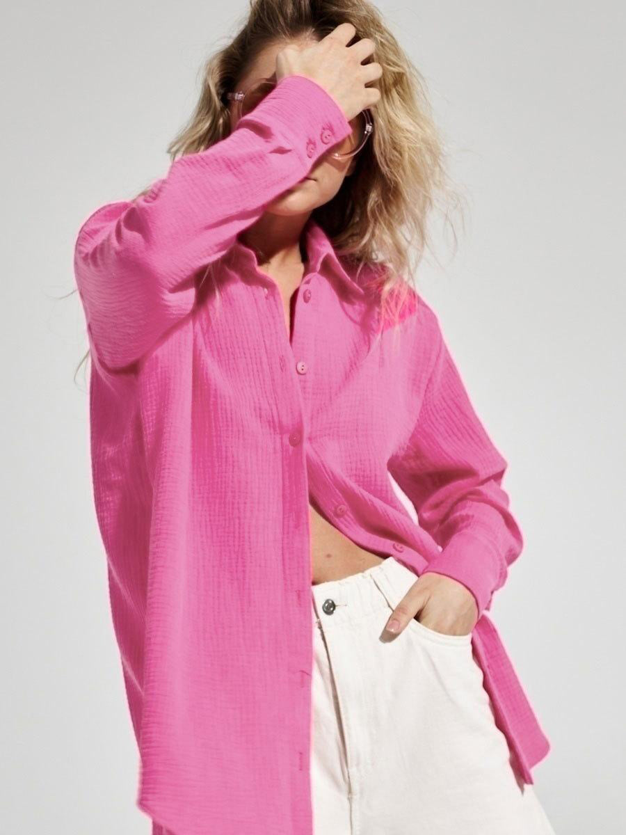 Textured Collared Neck Long Sleeve Shirt Pink