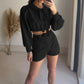 Drawstring Long Sleeve Hooded Top and Shorts Set