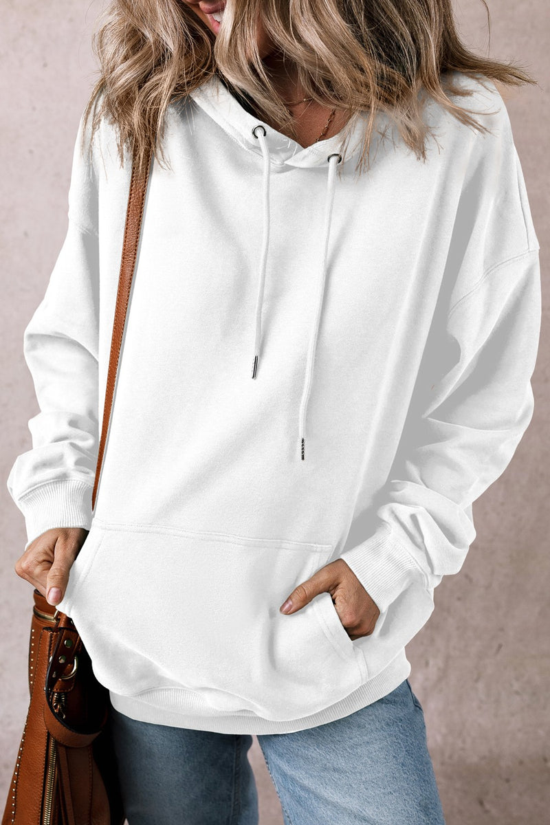 Drawstring Pocketed Long Sleeve Hoodie White