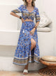 Ditsy Floral Tie Neck Top and Slit Skirt Set Blue