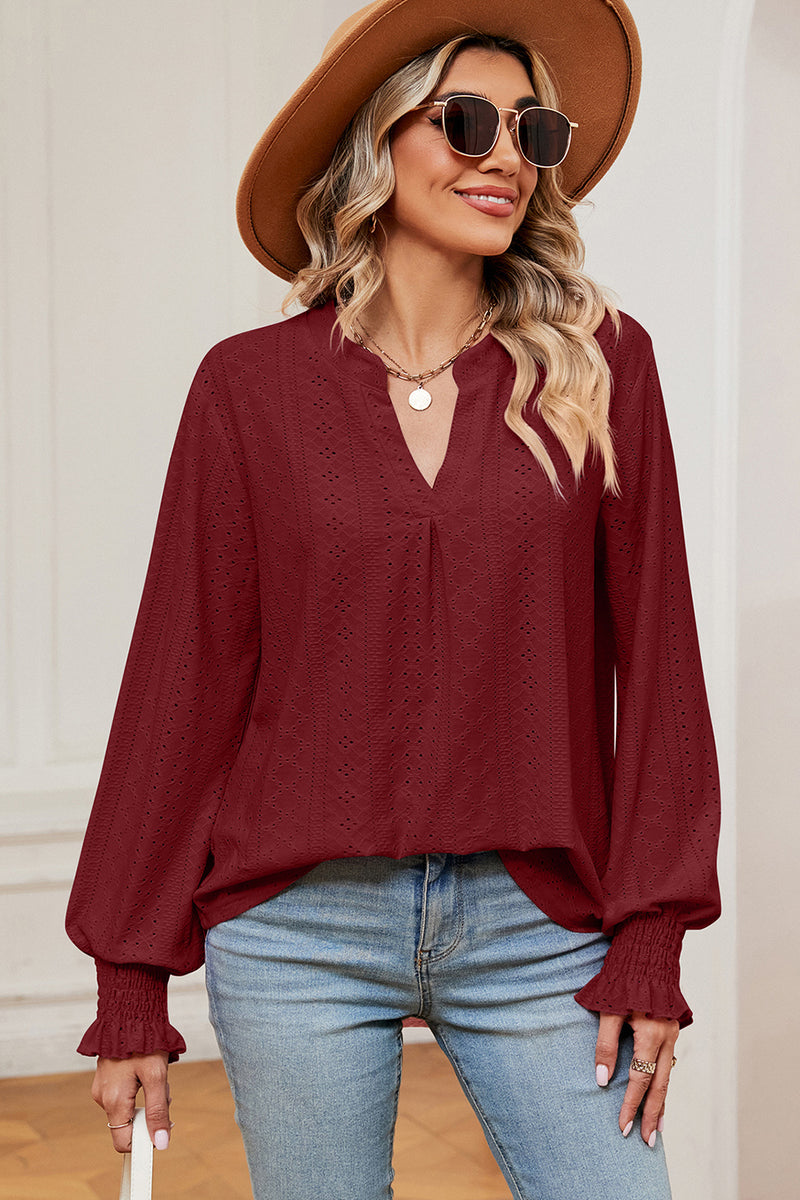 Eyelet Notched Long Sleeve T-Shirt Burgundy
