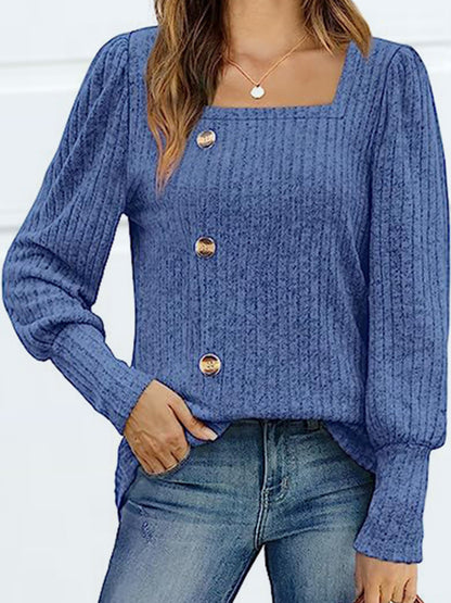 Decorative Button Square Neck Top Dusty Blue