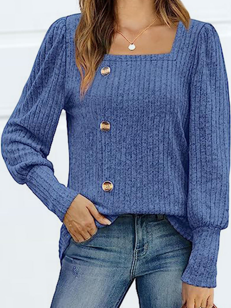 Decorative Button Square Neck Top Dusty Blue