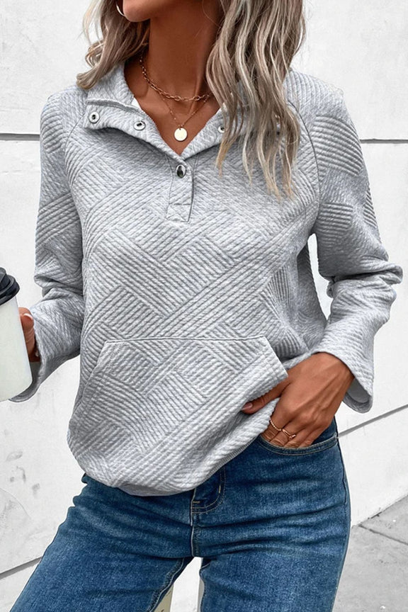 Geometric Snap Button Long Sleeve Sweatshirt Light Gray