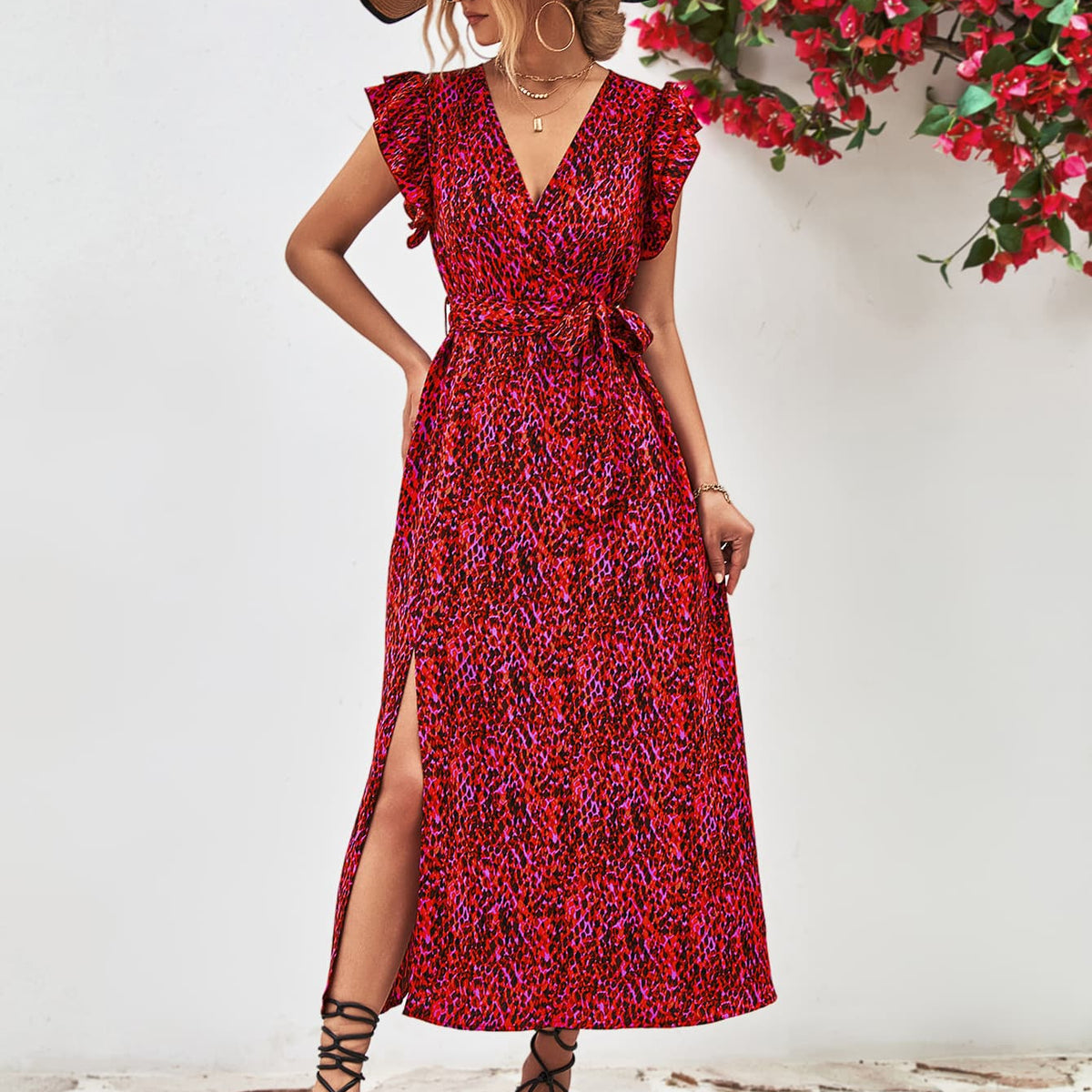 Printed Surplice Neck Flutter Sleeve Slit Dress Deep Red