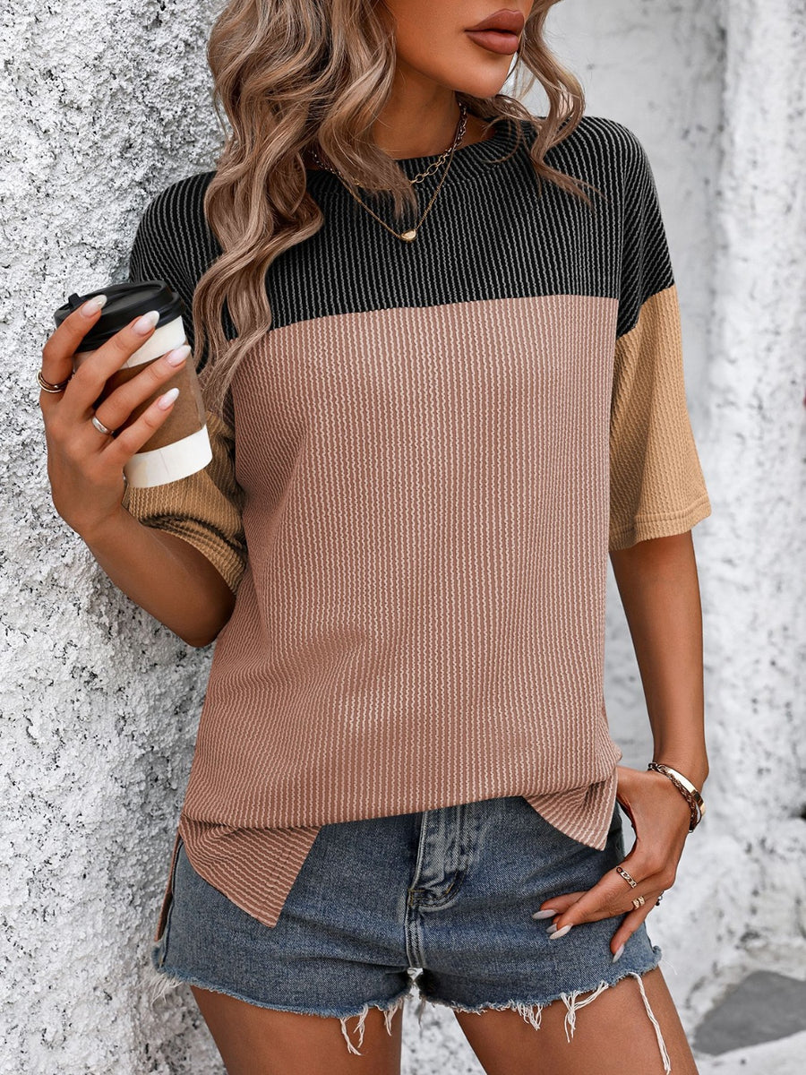 Mandy Color Block Round Neck Half Sleeve T-Shirt Black Camel